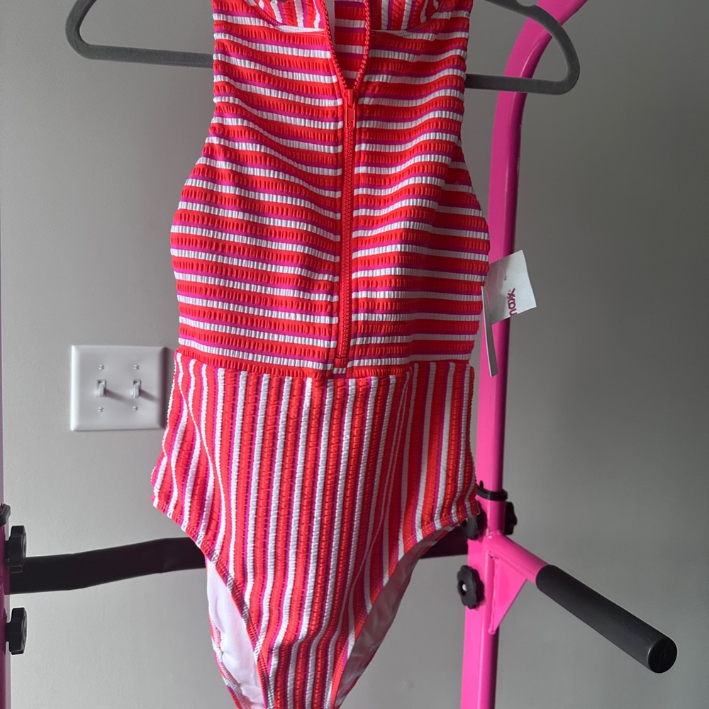 Pink and White Striped Swimsuit